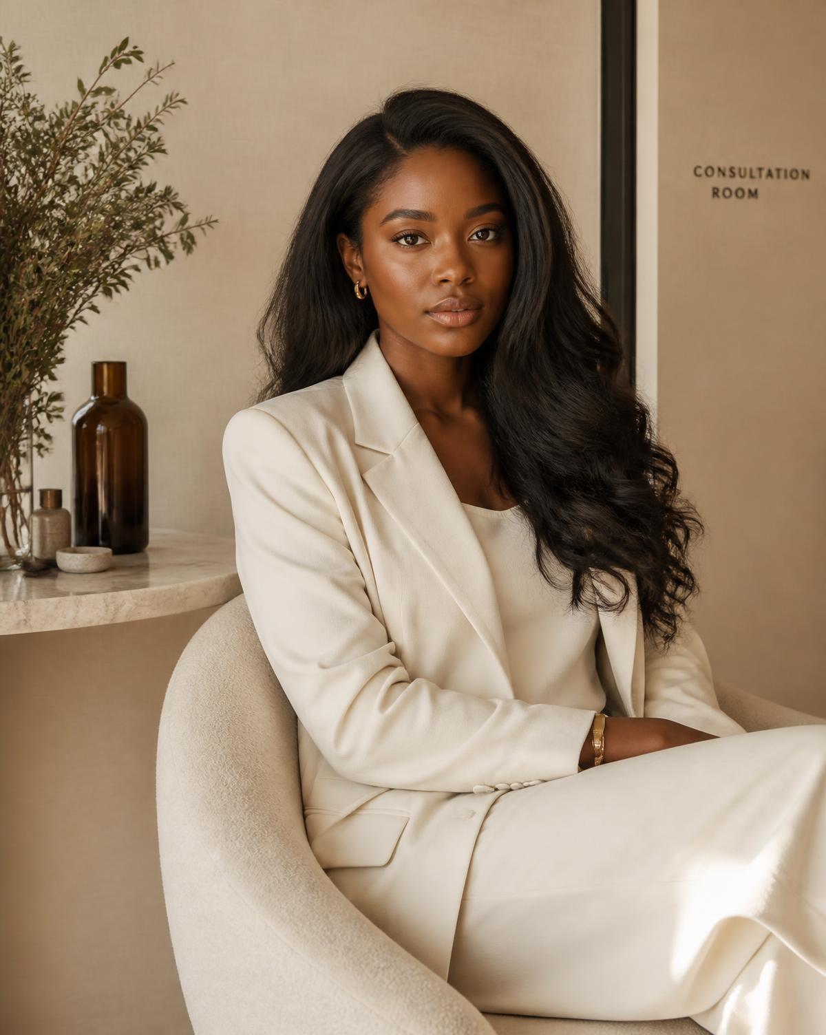 A woman with premium natural-looking hair seated in a quiet consultation room